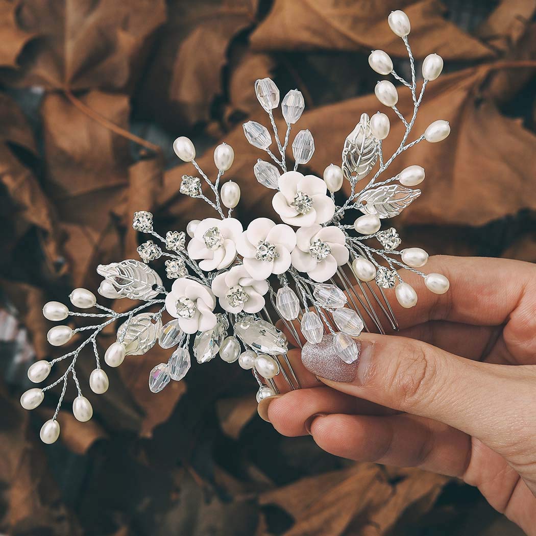 Amazon.com : Latious Silver Flower Wedding Hair Comb Pearl  display picture 3