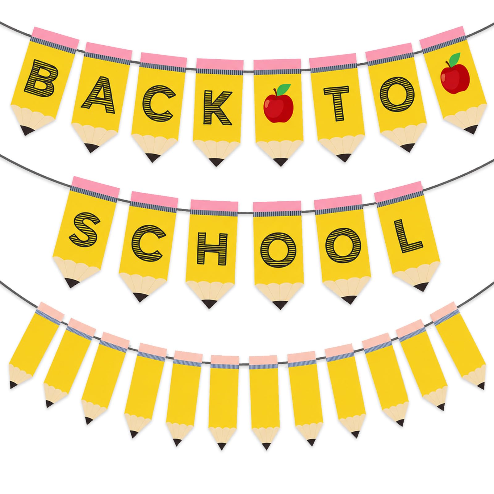 3Pcs Back to School Decorations Back To School Banner Pencil Garland First Day of Classroom Decor Welcome Sign With Apple Party Decorations Supplies for Teacher Appreciation Student Photo Booth