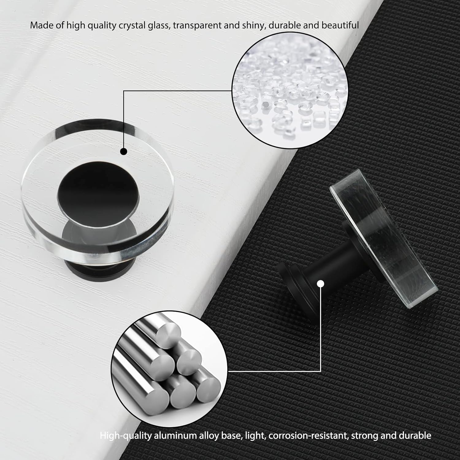 LONTAN 25 Pack Black Glass Drawer Knobs Crystal Knobsfor Dresser Bathroom Round Clear Cabinet Handles Modern Hardware for Cupboard Closet,Aluminum Alloy Base