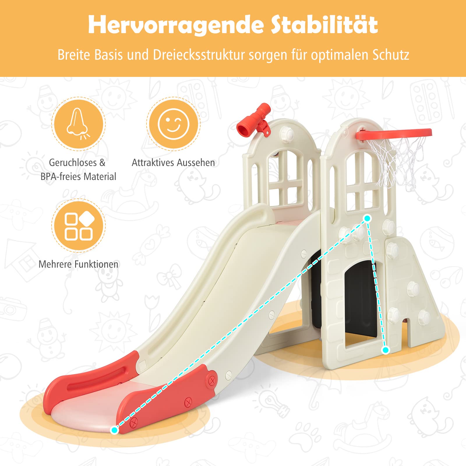 GOPLUS 6 in 1 Kinderrutsche mit Basketballkorb, Multifunktionale Babyrutsche mit 140cm Rutschbahn, Ringwurfspiel, Tunnel & Fernglas, Gartenrutsche aus HDPE mit Abnehmbarem Pedal für 3-8 Jahre (Rosa)