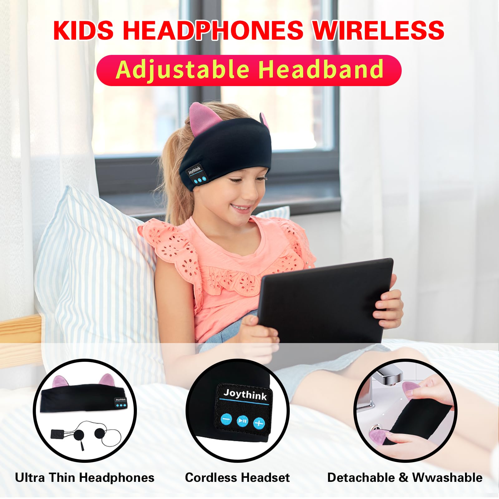 Joythink Diadema Bluetooth para niños, máscara para dormir, auriculares inalámbricos, altavoz delgado integrado, auriculares deportivos ajustables, diadema para dormir para niñas y niños, avión,