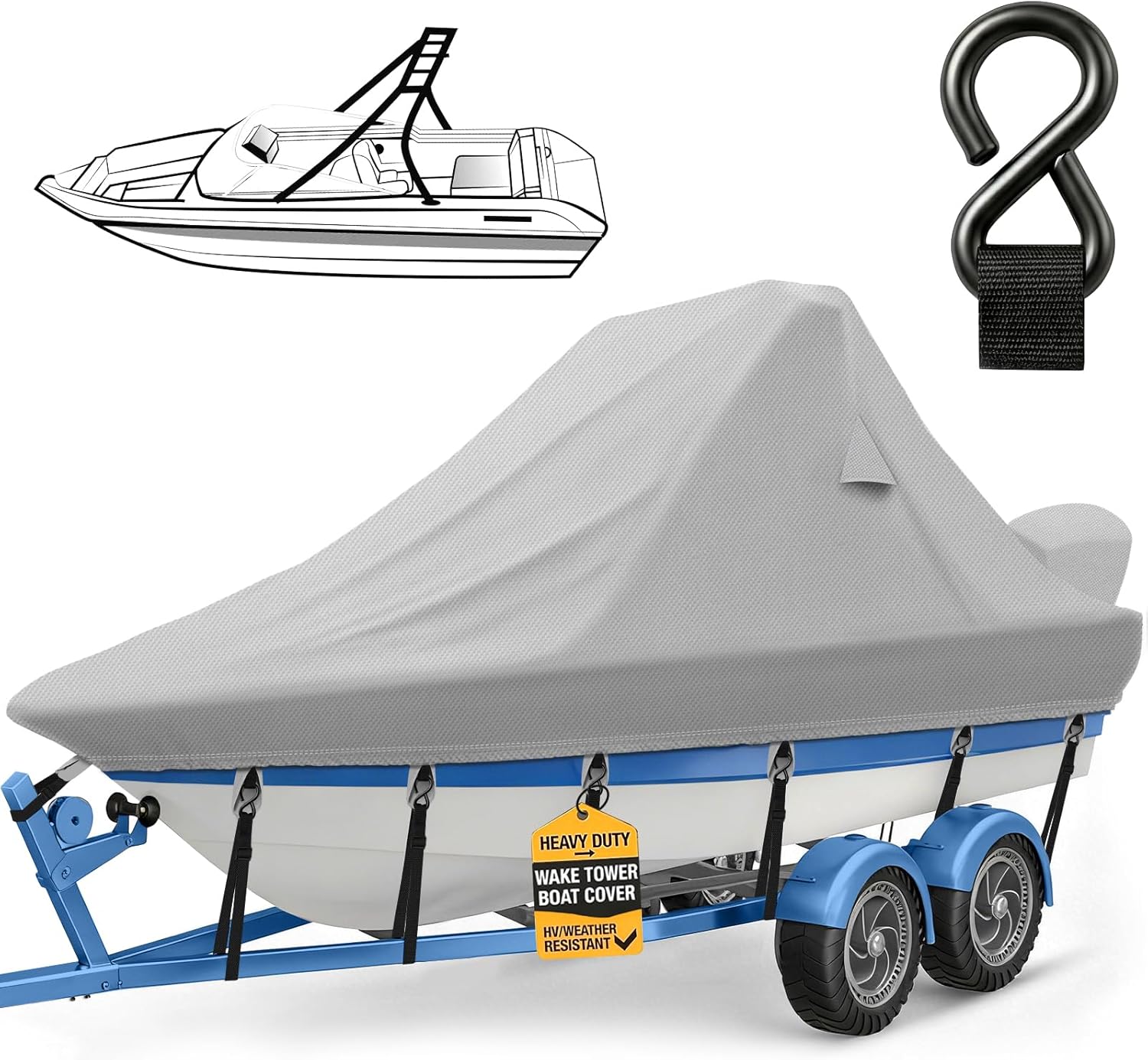 Wake Tower Boat Cover,1200D Heavy Duty Waterproof Wakeboard Boat Cover with Adjustable Metal Hooks,Fits 21ft-23ft V-Hull Boats with Ski/Wakeboard Tower, Black