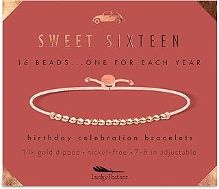 Lucky Feather Sweet 16 Gifts for Girls | 16th Birthday Bracelet Gift Idea for 16 Year Old | 16 year old girl gifts on Adjustable Cord | 16th birthday gifts for girls | Silver, Gold, Rose Gold Dipped