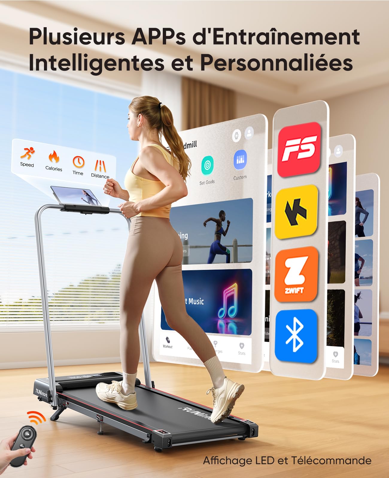 Tapis de Course 6 en 1 Pliable Inclinable, 12 km/h, 2.5HP, 2 Écrans LED, APP Intelligente