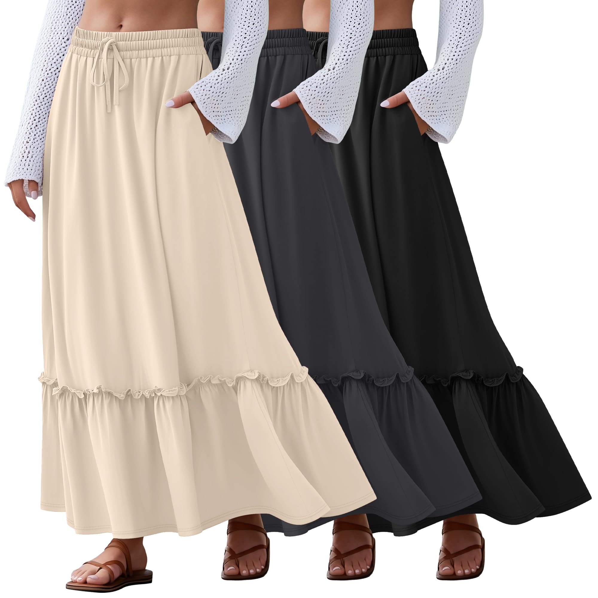 Ficerd 3 Pack Womens Boho Maxi Skirts Long Tiered Skirt Flowy Ruffle High Waist Drawsting Casual Dress with