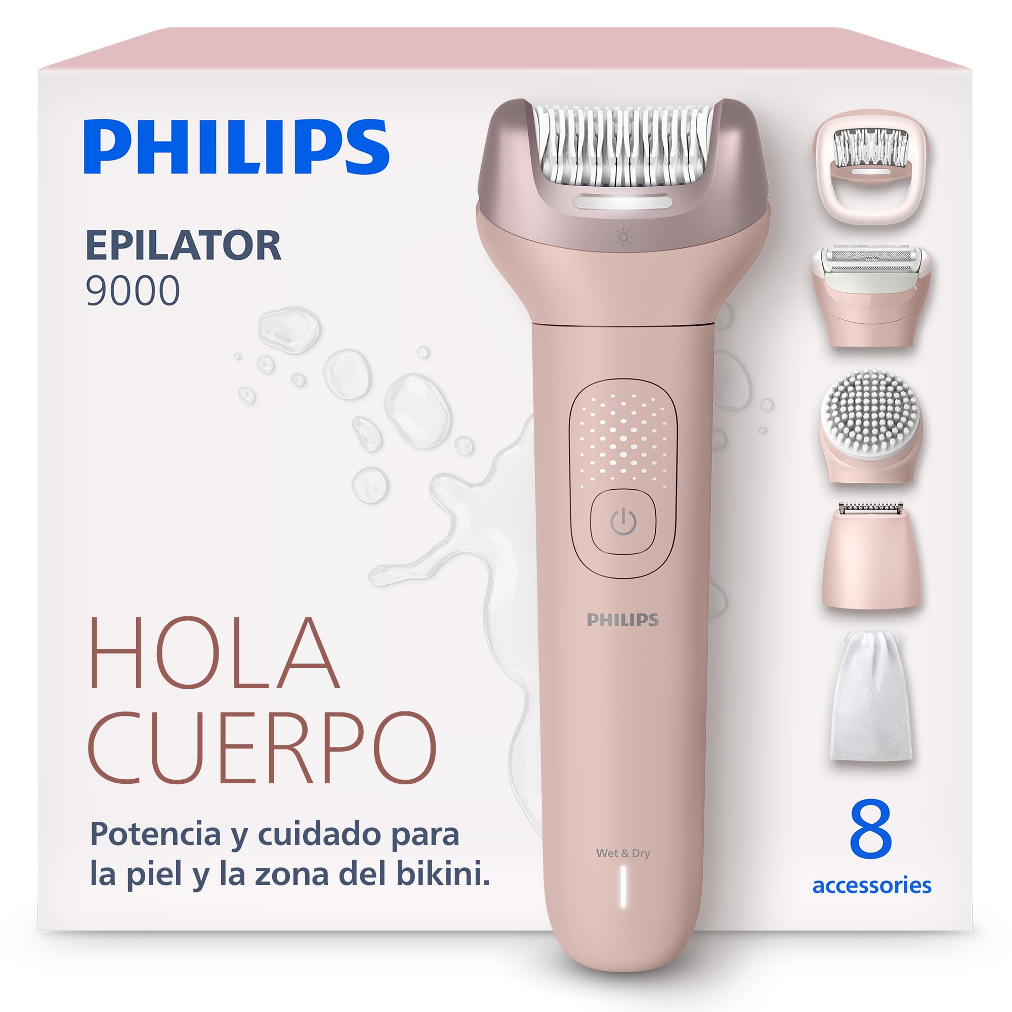 Philips Depiladora Serie 9000 – Depiladora eléctrica inalámbrica, uso en seco y mojado, para piernas, cuerpo y zona del bikini; con ProGuide, 8 accesorios, 60 minutos de autonomía, modelo BRE719/00
