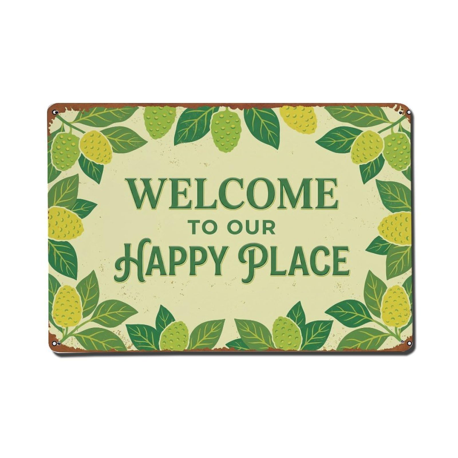 Fqnyr Style Welcome To Our Happy Place Noni Fruit Grove Metal Tin Sign Plaque Wall Decor For Cafe, Club Bar, Office, Home Garden Metal Poster 8X12inch