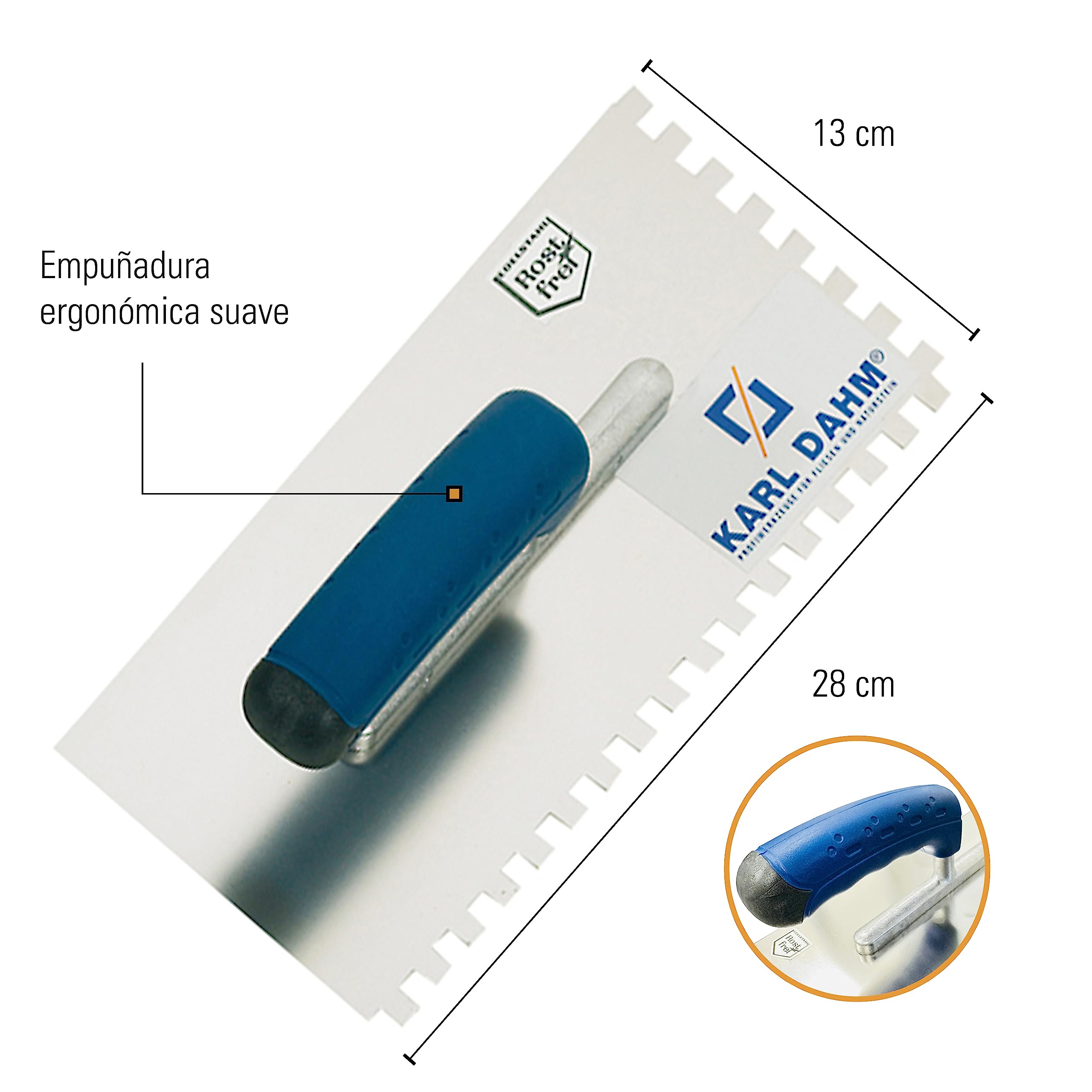 Karl Dahm Llana Dentada de Mango Suave 20mm I Llana para Baldosas Acero Inoxidable con Muescas 20mm I Empuñadura Blanda y Ergonómica para Fácil Aplicación de Adhesivos, Herramienta Profesional – 11653