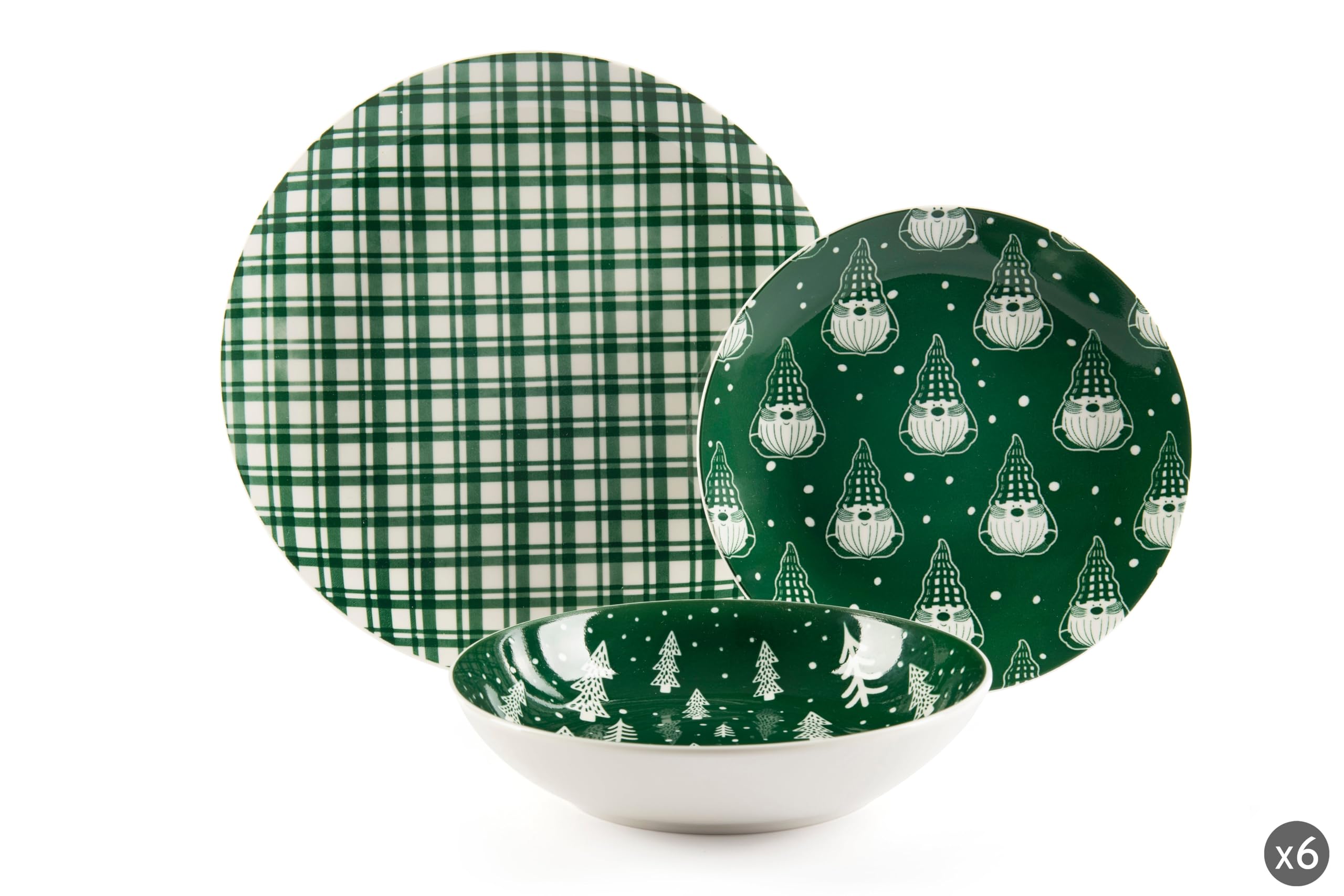 Excelsa Green Winter Servizio Piatti in Porcellana, 18 Pezzi, Verde con Motivi Natalizi, Piatti Piani 27 cm, Fondi 20,5 cm, Frutta 20,5 cm