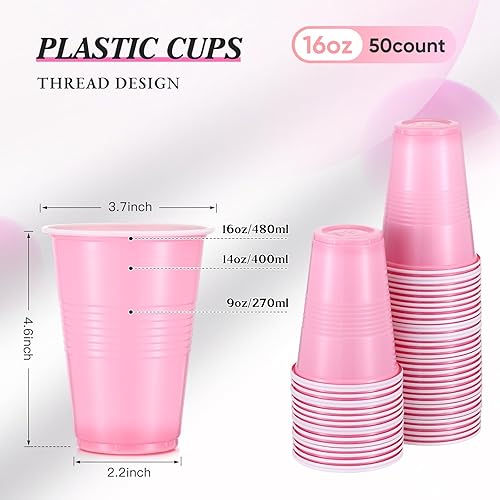 Miniatura 9 de Mifoci 50 vasos desechables de plástico de 16 onzas para boda, cumpleaños, graduación, fiesta, San Valentín, Navidad, picnic, barbacoas (rosa