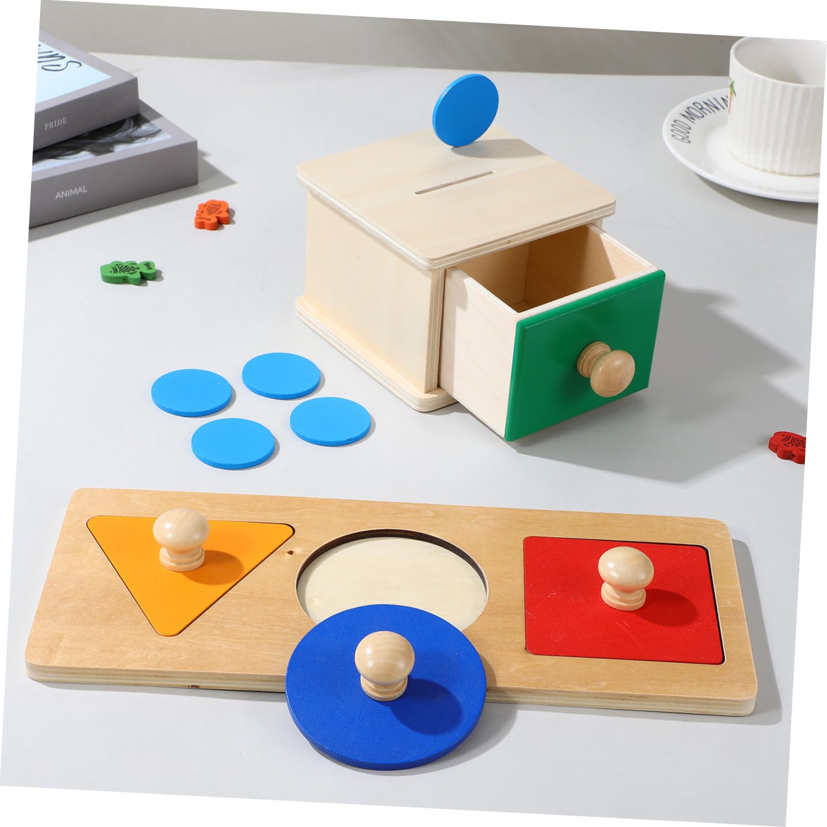 2 Juegos Caja de Monedas de Madera para Bebés Tablero Geométrico Montessori Juguetes Educativos para Desarrollo Motriz y Permanencia de Objeto Seguro y Didáctico para Pequeños