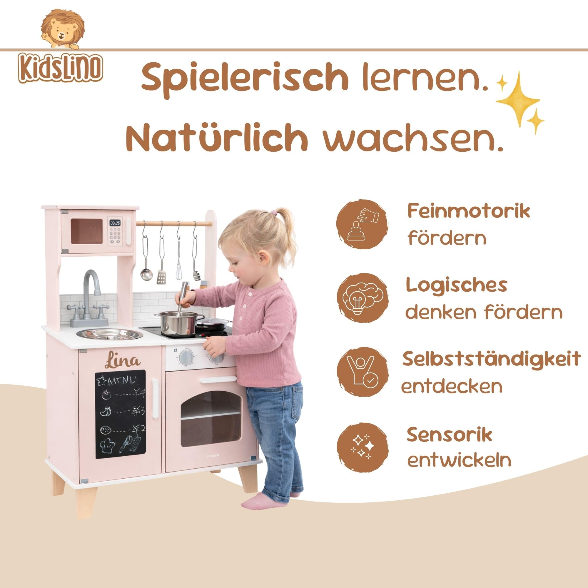 Cucina per bambini in legno personalizzabile – cucina giochi con luce e funzione sonora – cucina bambini con accessori da cucina – regalo 1 compleanno ragazza – rosa