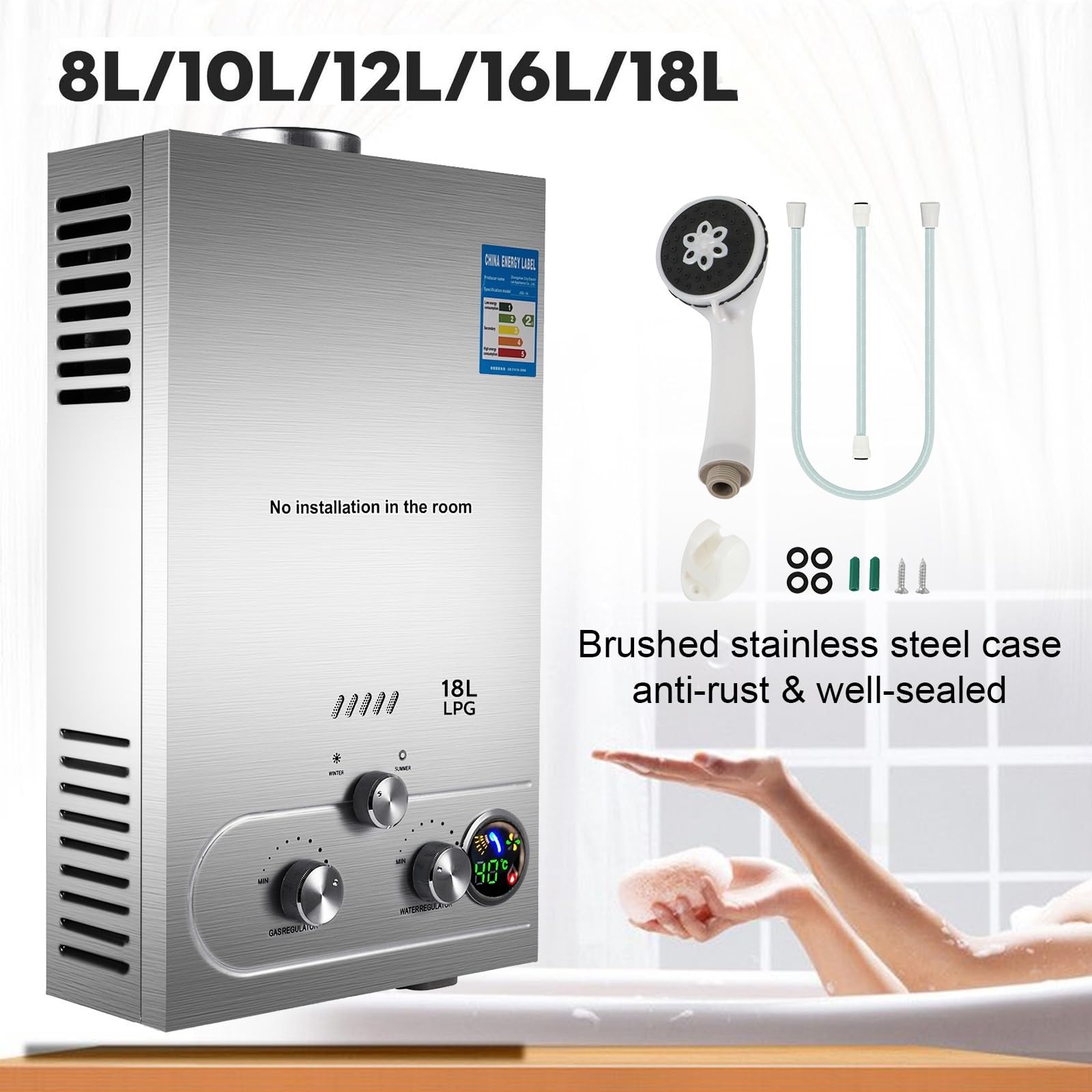 Scaldabagno GPL 6L 8L 10L 12L 16L 18L GPL Gas di Petrolio liquefatto Propano Butano Scaldabagno Kit Caldaia in Acciaio Inossidabile(18L liquefied/Natural Gas)