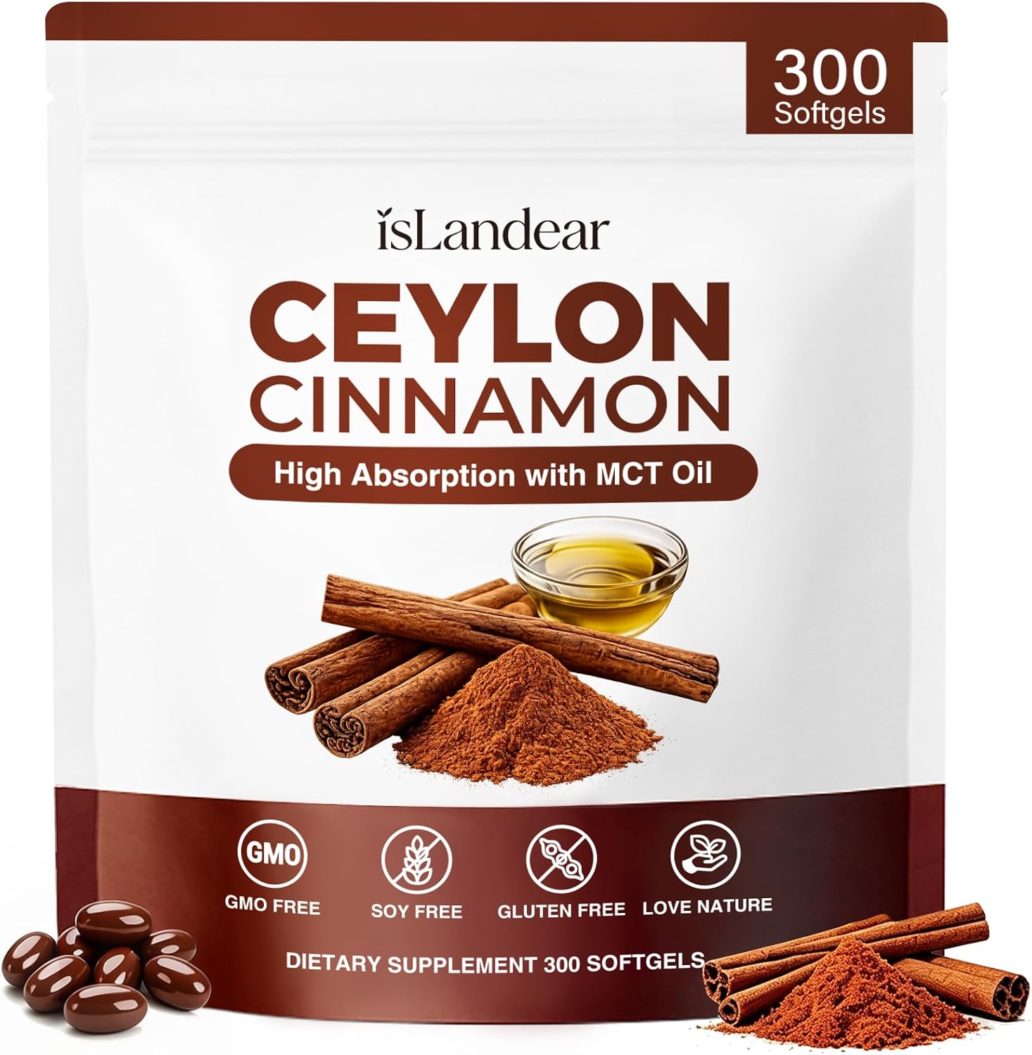 Ceylon Cinnamon Capsules 300 Softgels, Cinnamon Supplements with MCT Oil