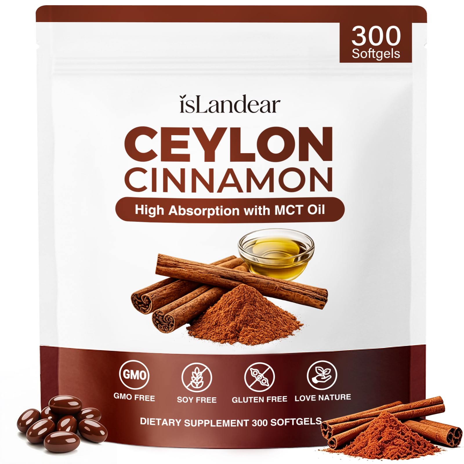 Ceylon Cinnamon Capsules 300 Softgels, Cinnamon Supplements with MCT Oil