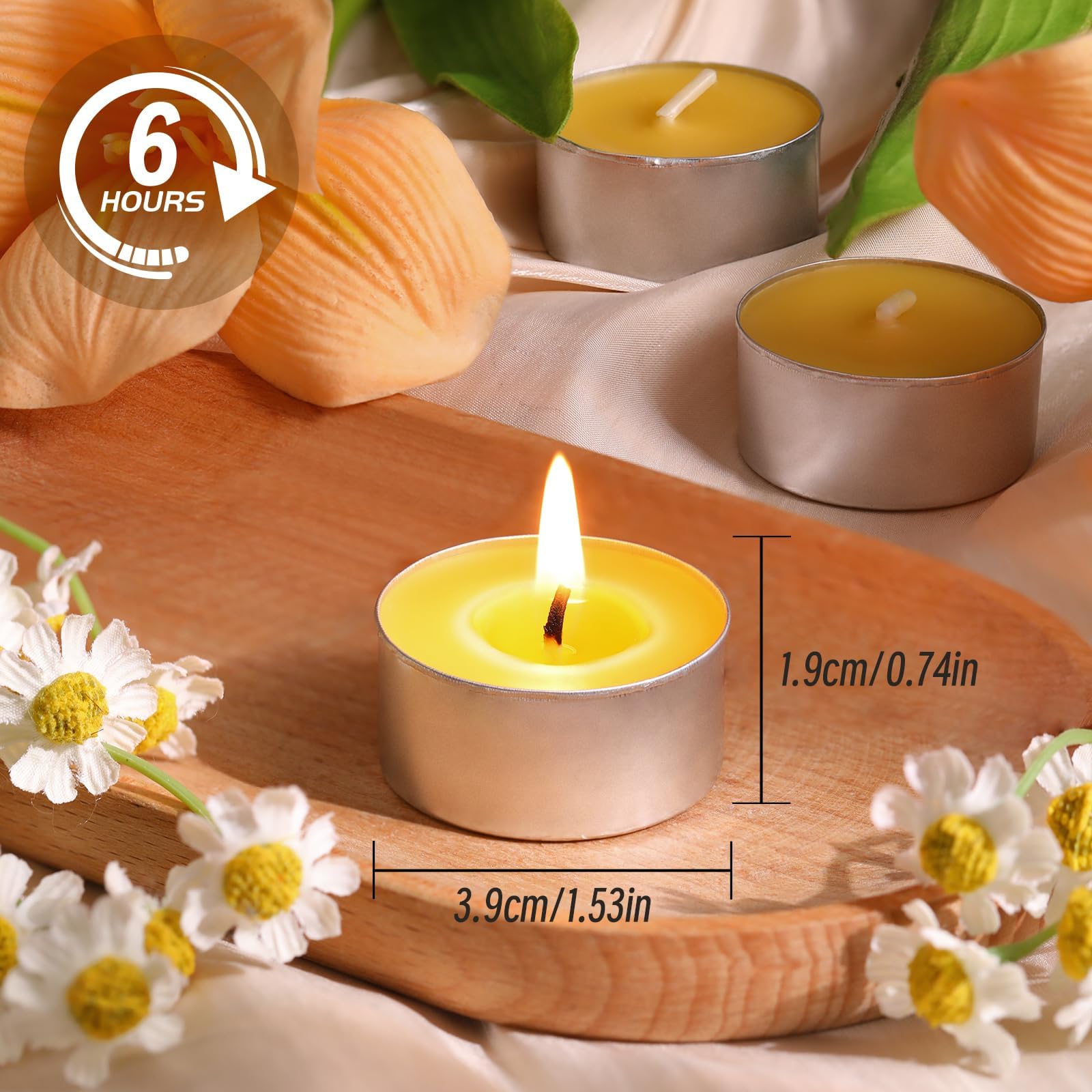 50 lumini in pura cera d'api al 100%, durata 6 ore | Candele in cera d'api naturale, senza paraffina e profumi, per festival, matrimoni, feste e casa