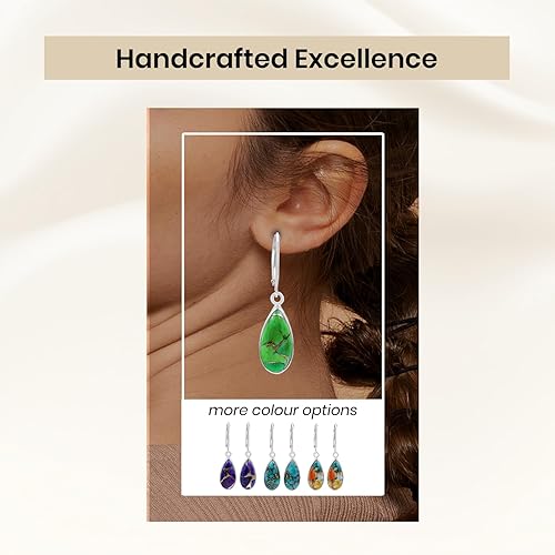 Miniatura 9 de TISHAVI 925 sterling silver leverback dangle trendy earrings for women, Copper Turquoise - bluegreenoyesterpurple teardrop gemstones, hypoallergenic