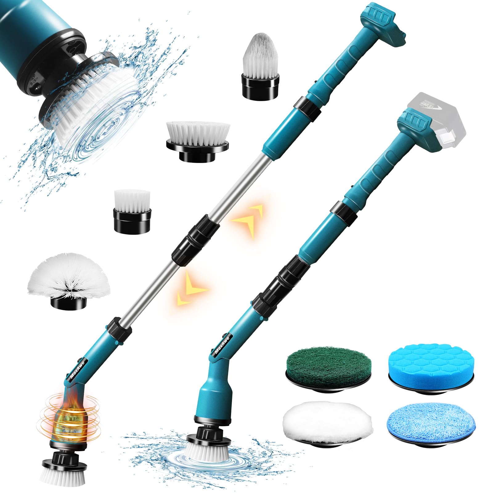 MaxAwe Electric Spin Scrubber for Ma-kita 18V, Cordless ​Shower Cleaner with Free Adjustable Extension Arm, 1000RPM Clean Brush Waterproof with 8 Replaceable Heads for Tile Tub Kitchen Floor Bathroom