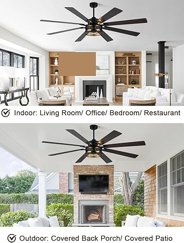Miniatura 2 de Ventilador de techo rústico de 72 pulgadas con luces y control remoto, gran ventilador de techo rústico negro, lámpara industrial enjaulada, motor