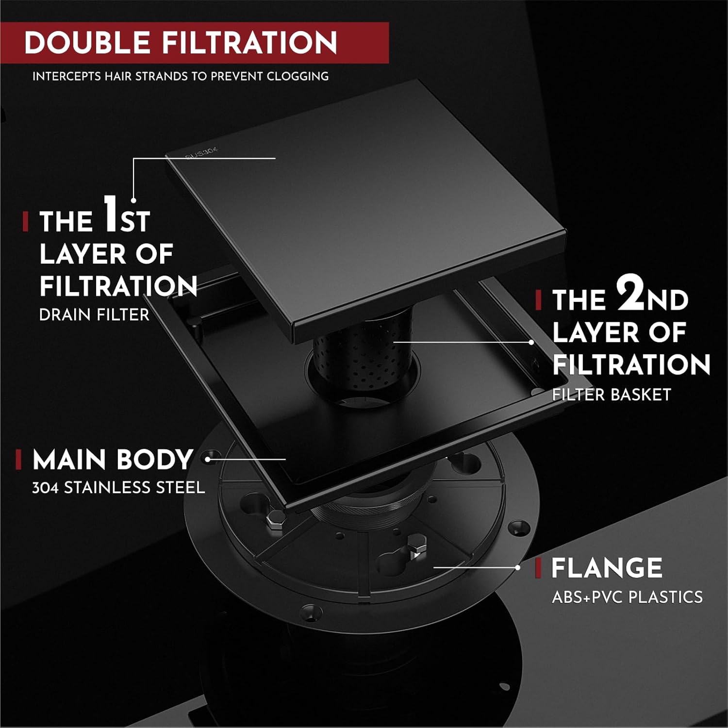 WEBANG 6 Inch Square Shower Drain Black Floor Drain with Flange Reversible 2-in-1 Cover Tile Insert Grate Removable SUS304 Stainless Steel CUPC Certified Matte Black