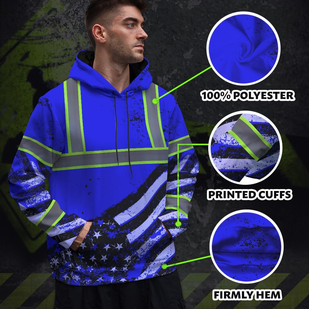 Color US Flag High Visibility Hoodie for Men Women Reflective Tapes Safety Workwear for Worker Runner Patriotic - Image 4