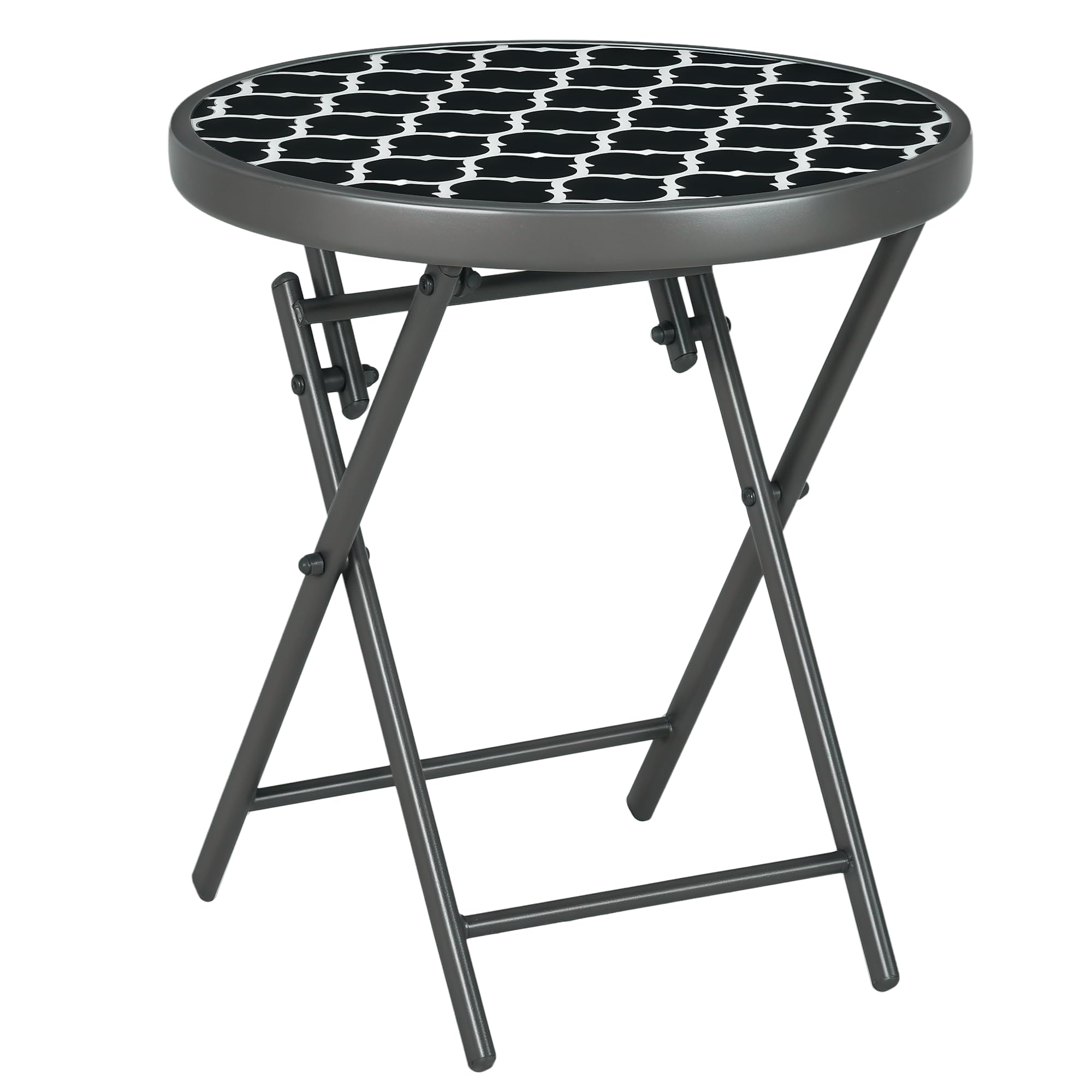 Outsunny Table Basse Pliante Verre trempé Métal Ronde 45cm Jardin Patio Balcon Noir Blanc