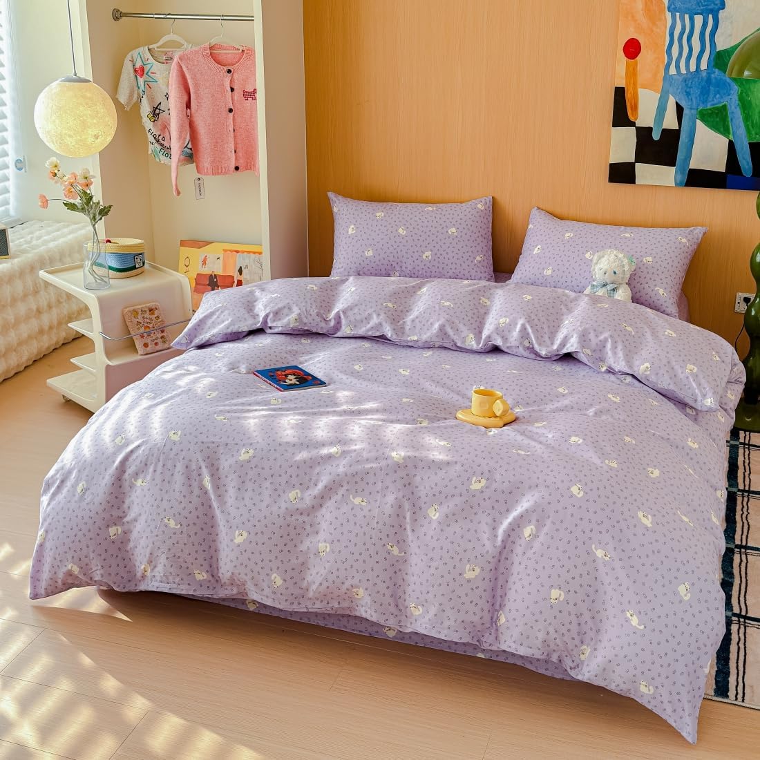 LIWHENHAO Cat Duvet Cover Set Twin 100% Cotton Bedding White Pet Cat Purple Garden Flower on Violet 1 Kawaii Cartoon Animal Comforter Cover Zipper Closure 2 Pillowcases for Kids Girls Boys