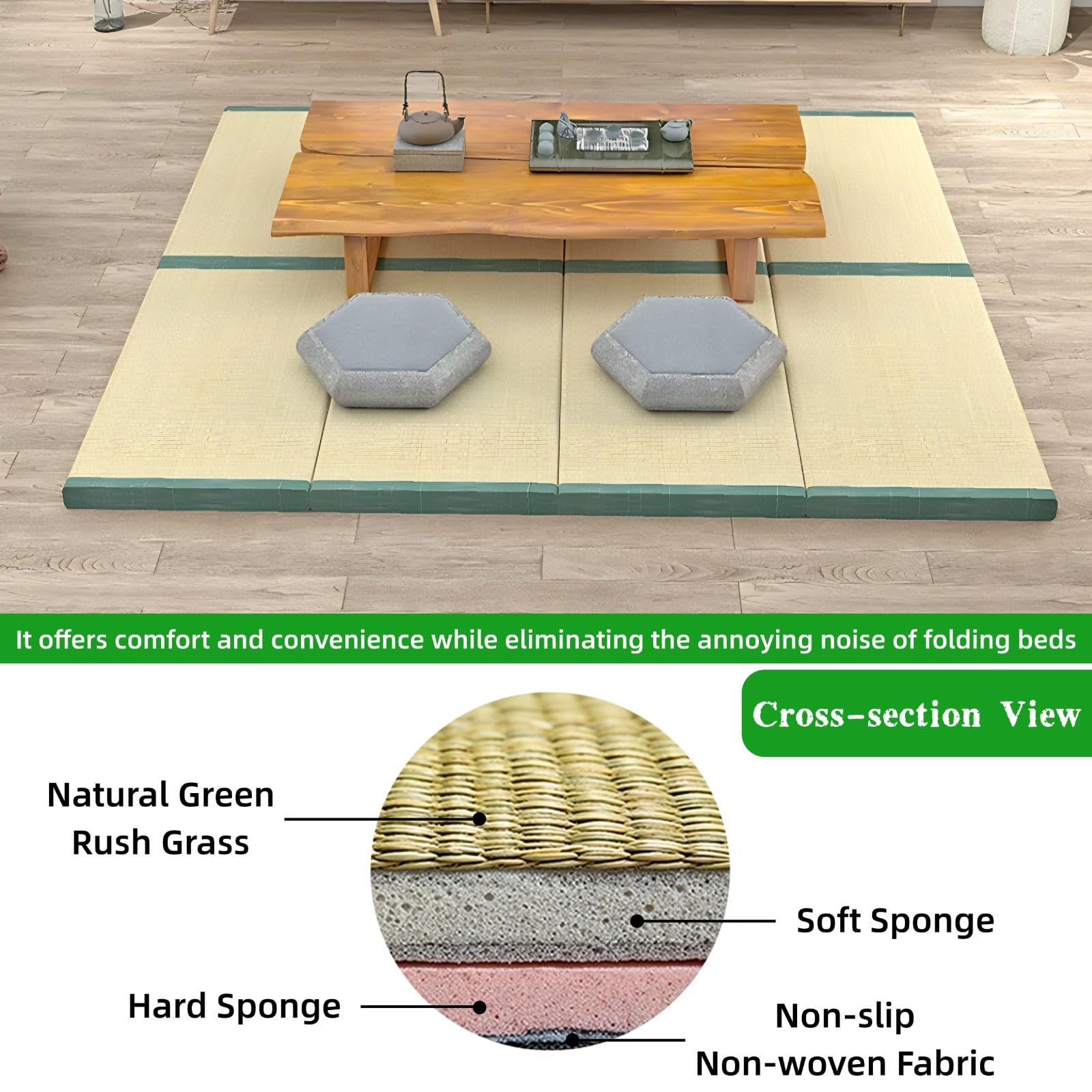 Tatami Matelas Japonais Naturel Jonc Herbe (Non Teint) | Tapis de Sol 1 Personne, 3.5cm épais, 4 Pliable Futon avec Support Antidérapant pour Dormir Méditation Yoga Zen Relaxation