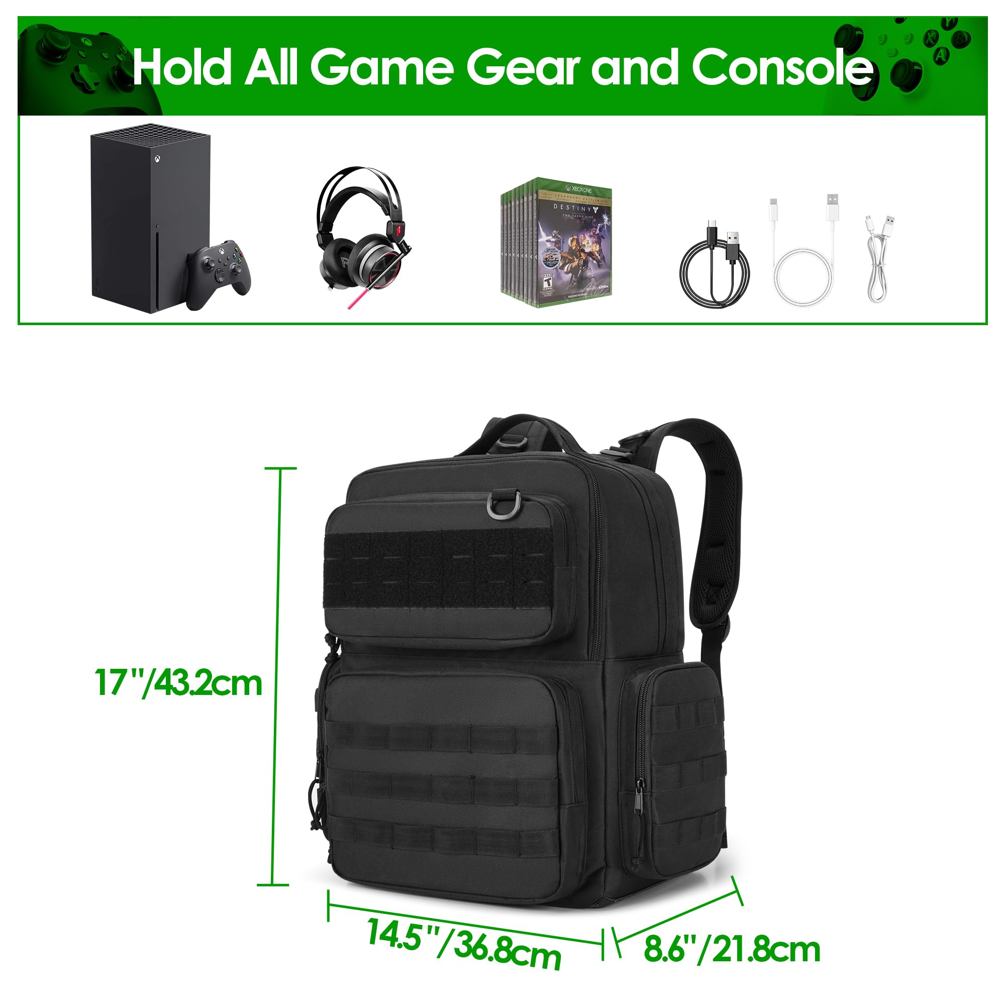 PGmoon Mochila táctica de viaje compatible con consola Xbox Series X/S con espacio individual para consola, muchos bolsillos para controladores, auriculares y más (diseño patentado), Negro -, Mochila