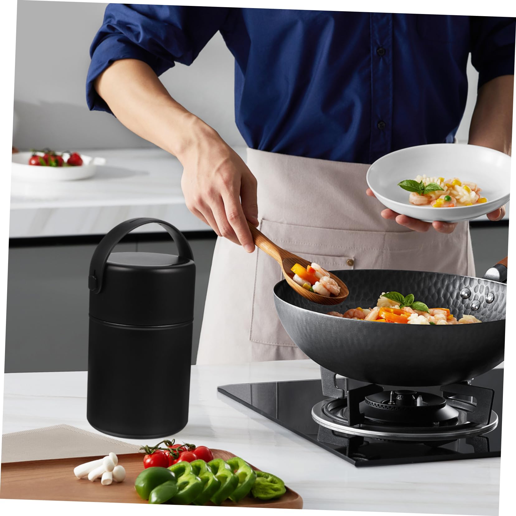 850ml Thermobehälter für Speisen aus Edelstahl Doppelwandig Isoliert Auslaufsicher mit Löffel Schwarz für Outdoor Aktivitäten