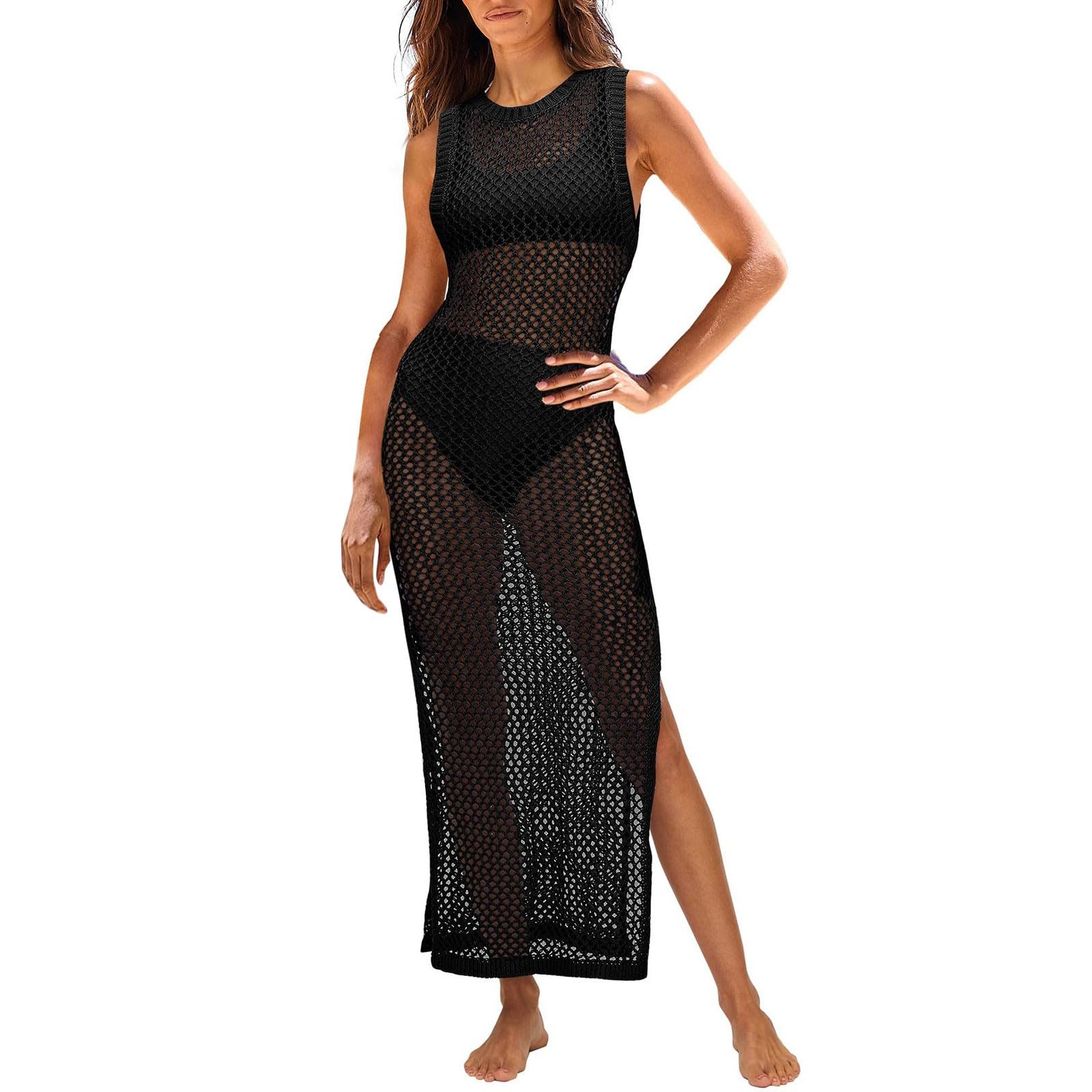 PODOLIXIA Vestido de playa para mujer, sin mangas, crochet, bikini, cubierta para vacaciones en la playa, vestido de verano, cuello redondo, monocolor, ropa de playa, informal, vestido largo para