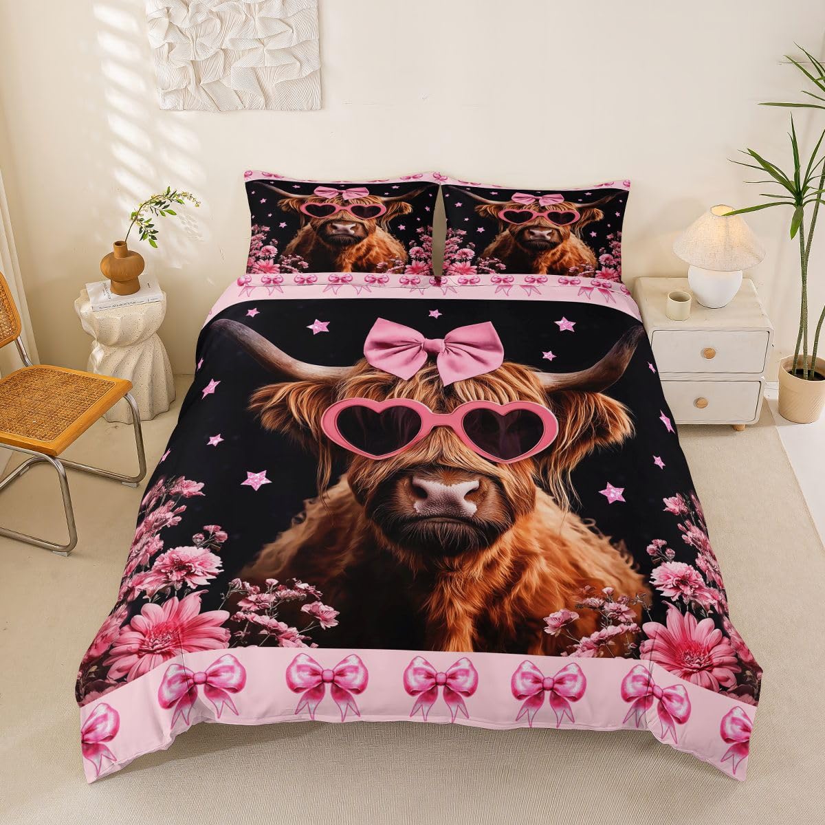 Homemissing Pink Highland Cow Duvet Cover Set Cot Size Flower Bow Highland Cow Bedding Set Breathable Soft Cute Animal Duvet Cover with 1 Pillowcase Bedroom Decor โ image 1