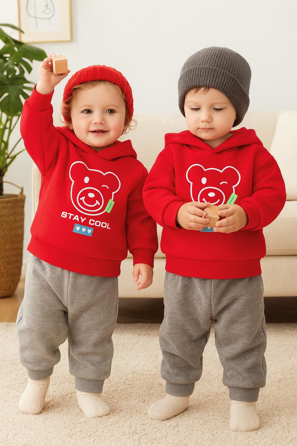 Bold N Elegant Cartoon Bear in Hood Print Kids Full Sleeve Warm Thick Fur Fleece Winter Tshirt Regular Fit Sweatshirt Hoodie for Infant Toddler Baby Boy & Girl (6-12 Months, Red) 1