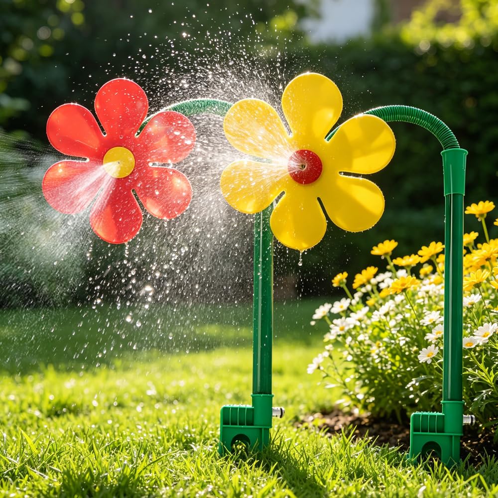 WRQIOO 2PCS Crazy Daisy Sprinkler, 360°Flower Sprinkler, Dancing Daisy Sprink-ler, Water Sprink-ler for Garden with 4/6mm Hose Connectors for Yard, Lawn, outdoor（Red&Yellow）