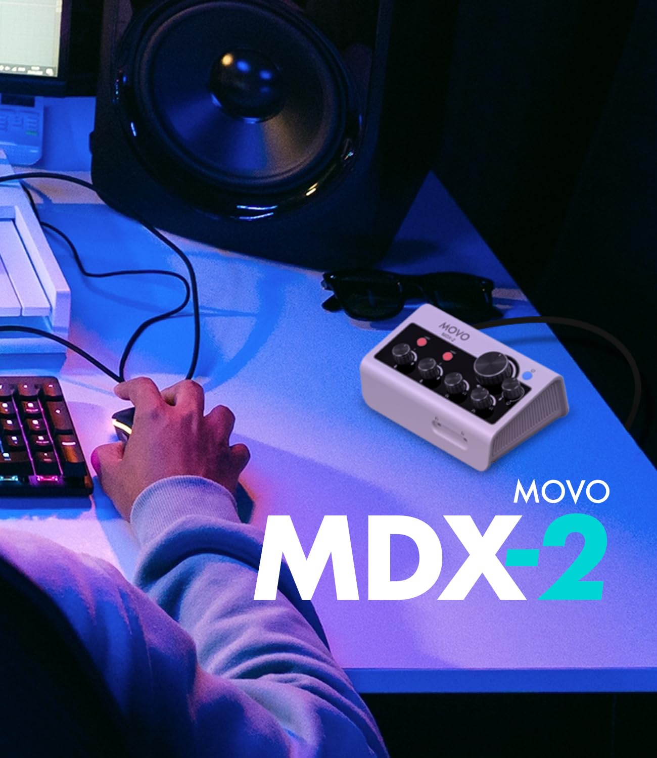 Movo MDX-2 - Interfaz de audio portátil de 2 canales, diseño compacto, funciona con pilas, compatible con PC, Mac, iPhone, iPad y Android, alimentación Phantom de 48 V, USB-A, USB-C y cables Lightning
