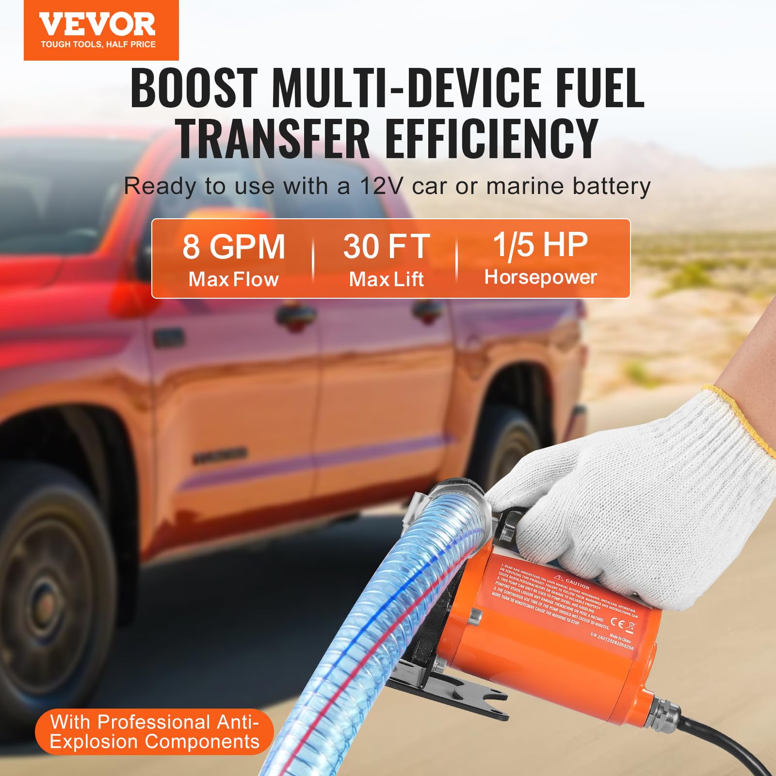 VEVOR Pompa oleju napędowego, 12 V DC, 8 GPM, 1/6 KM, pompa oleju opałowego z automatycznym wyłączeniem pistoletu, pompa przelewowa, długi wąż wlotowy i wylotowy do benzyny, oleju napędowego, nafty