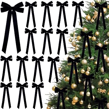 JOICEE 15Pcs Black Velvet Bows Christmas Tree Bows Decorations