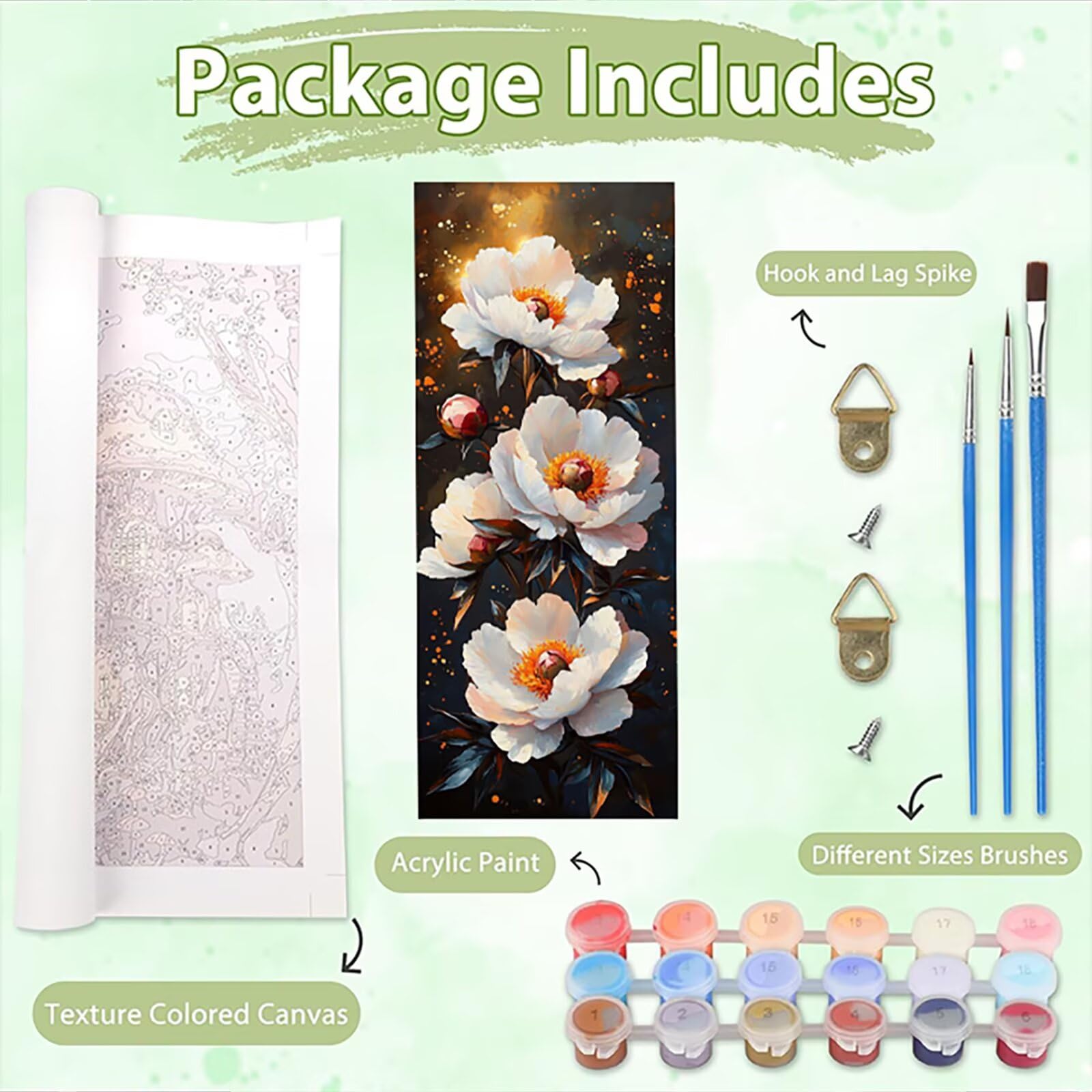 Malen Nach Zahlen 50x150cm Leinwand Pfingstrose Malen Nach Zahlen Erwachsene mit Ohne Rahmen, DIY Kreativ Set für Erwachsene mit Pinseln und Acrylfarbe, Zimmer Deko Weiß Landschaft Geschenk, P0M-320