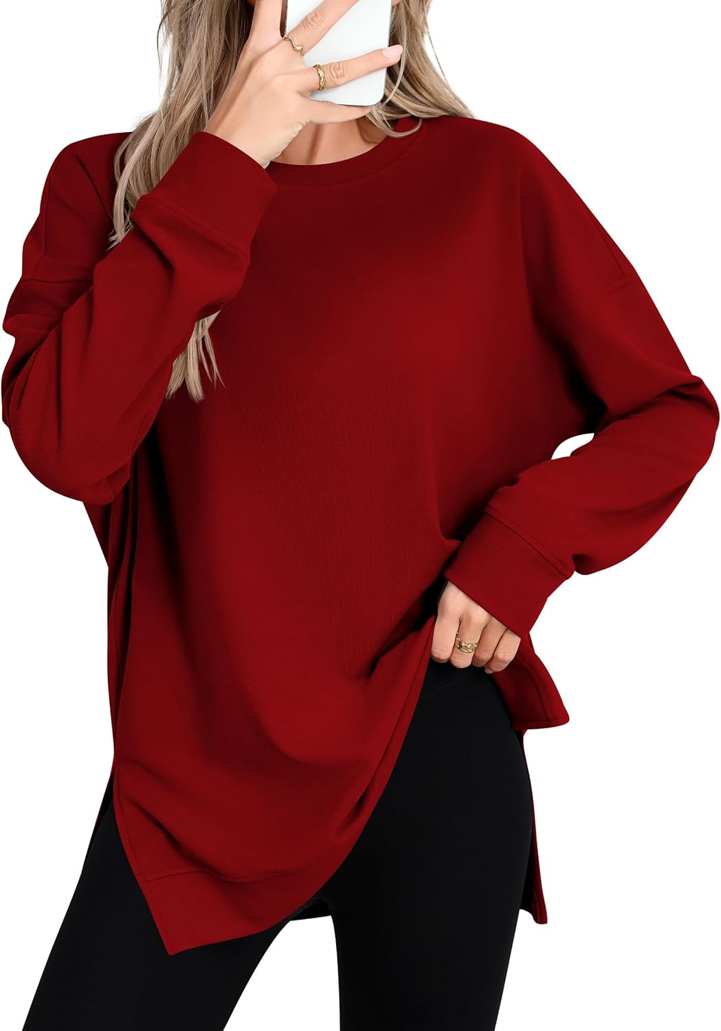 Laughido Women's Long Sleeve Crew Neck Slit Oversized Sweatshirts Pullover Loose Casual Tunic Tops 2025 Fall Clothes