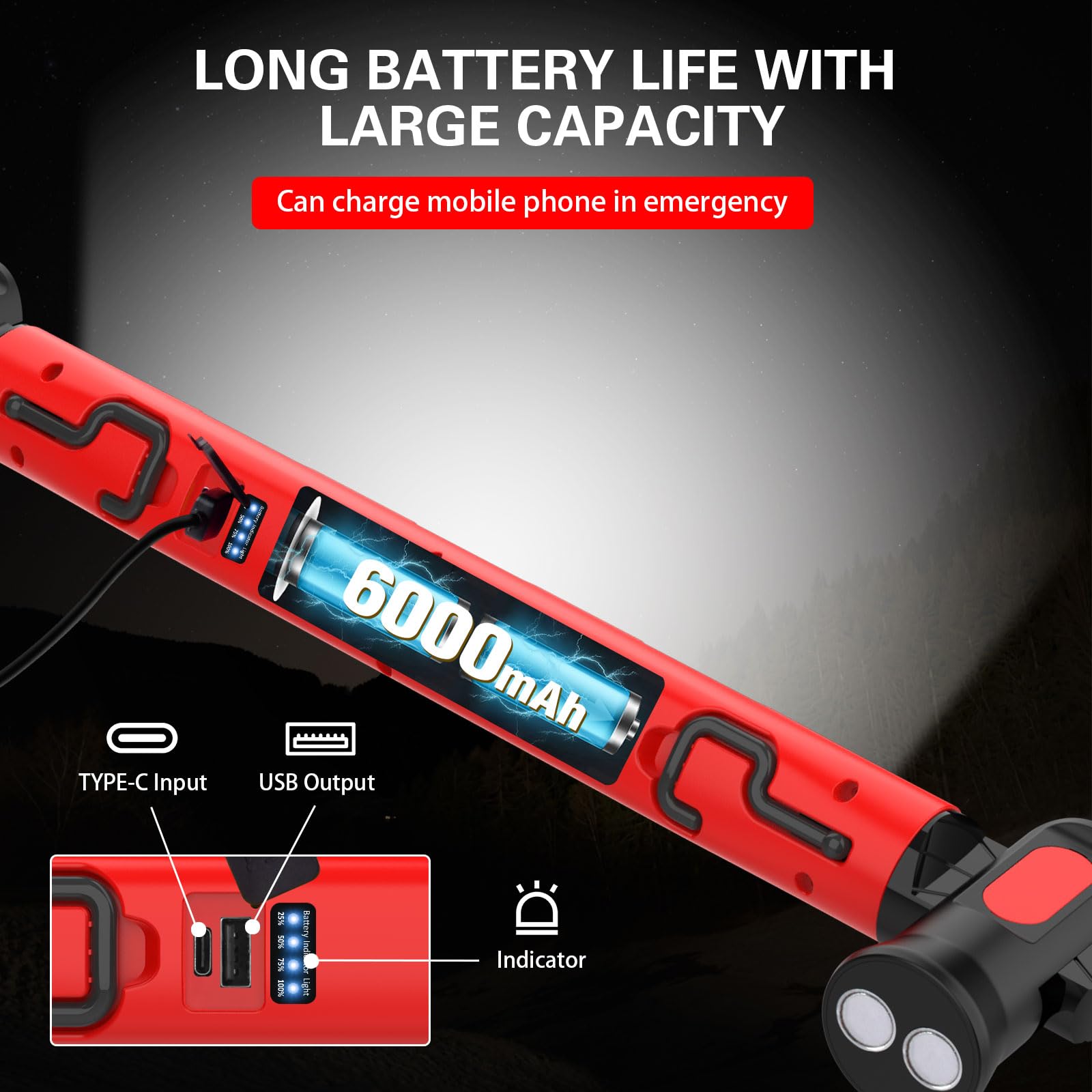 ERAY Lampe de Travail 3000LM, 6000mAh Baladeuse LED Rechargeable | Base Magnétique, 360° Crochet, 3 Modes, Rotation à 180, Projecteur LED Rechargeable pour Réparation, Garage, Atelier, Camping