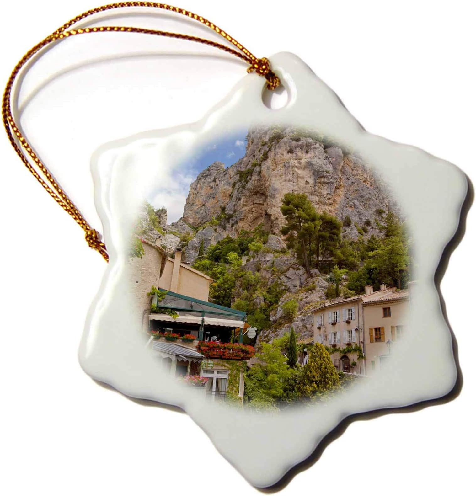 3 inch Snowflake Porcelain Ornament - France, Provence, Moustiers-Ste-Marie, Cliff Tower - EU09 BJA0139 - Jaynes Gallery Provence