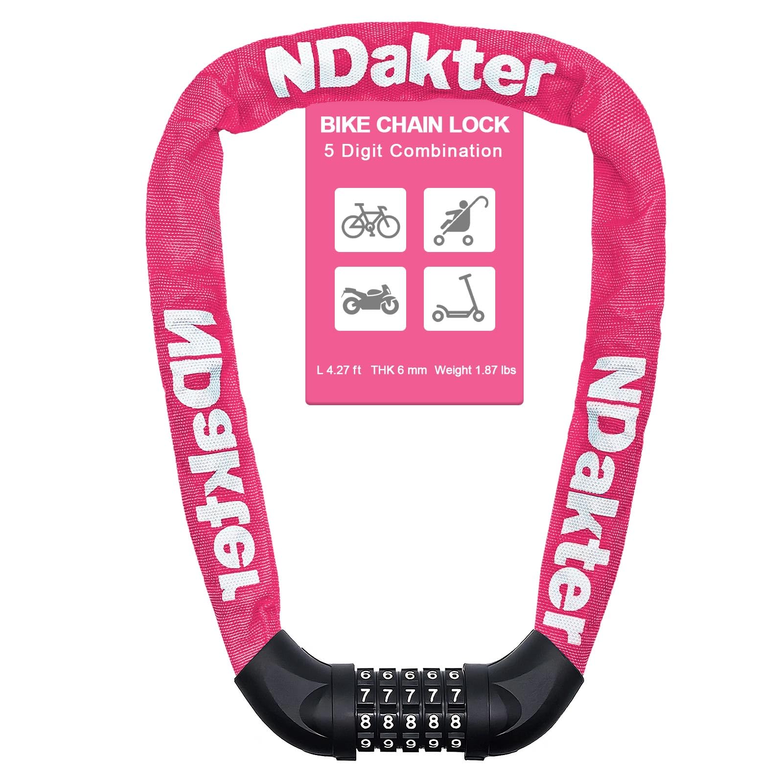 NDakter Bike Lock, 5 Digit Combination Heavy Duty Anti Theft Bicycle Chain Lock, 2.62/3.2/4.27/5/6Ft Long, High Security Resettable, Suitable for Bike, Scooter, Door, Gate, Fence-4/6mm Thick