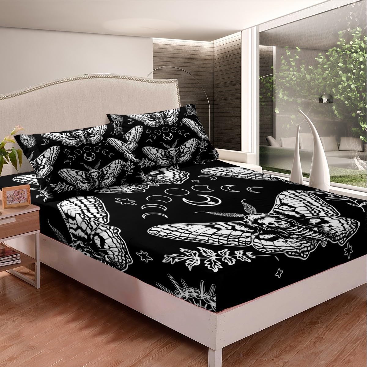 Manfei Gothic Skull Fitted Sheet and Pillow Case Set - Moon and Star Decor, Microfiber Bed Sheet Set (1 Fitted Sheet + 2 Pillow Cases) Full Size