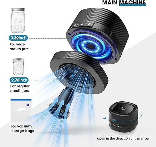 Miniatura 3 de ZIWEO Kit de sellado al vacío para tarros Mason de boca ancha y boca regular, sellador al vacío eléctrico con boquilla de succión, 10 tapas y 1