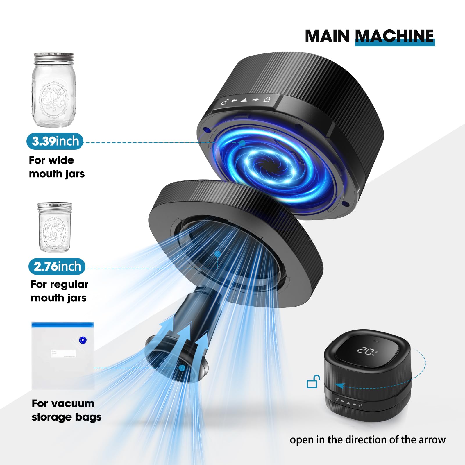 ZIWEO Mason Jar Kit de scellage sous vide pour bocaux Mason à large ouverture et ouverture normale, scelleuse électrique sous vide avec buse d'aspiration, 10 couvercles et 1 sac sous vide, design