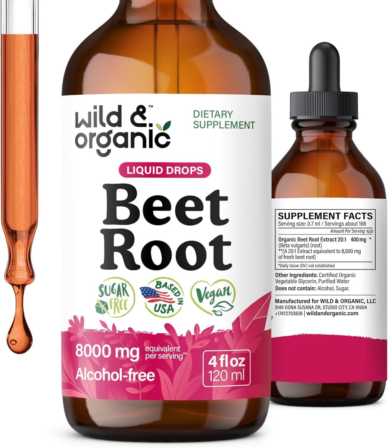 Wild & Organic Beet Root Extract Drops - Energy Support - Liquid Red Beets Supplements - 400 mg per Serving - Mix with Powder - Vegan, Sugar & Alcohol - 4 fl oz