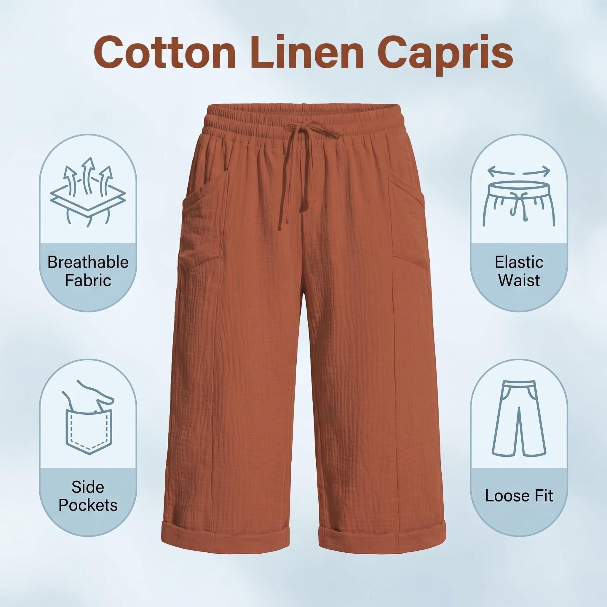 3/4 Fluid Women's Summer Lightweight Capri Trousers Elastic Linen Drawstring Sports Casual Yoga with Pockets for Daily Use and Beach Holiday - 4