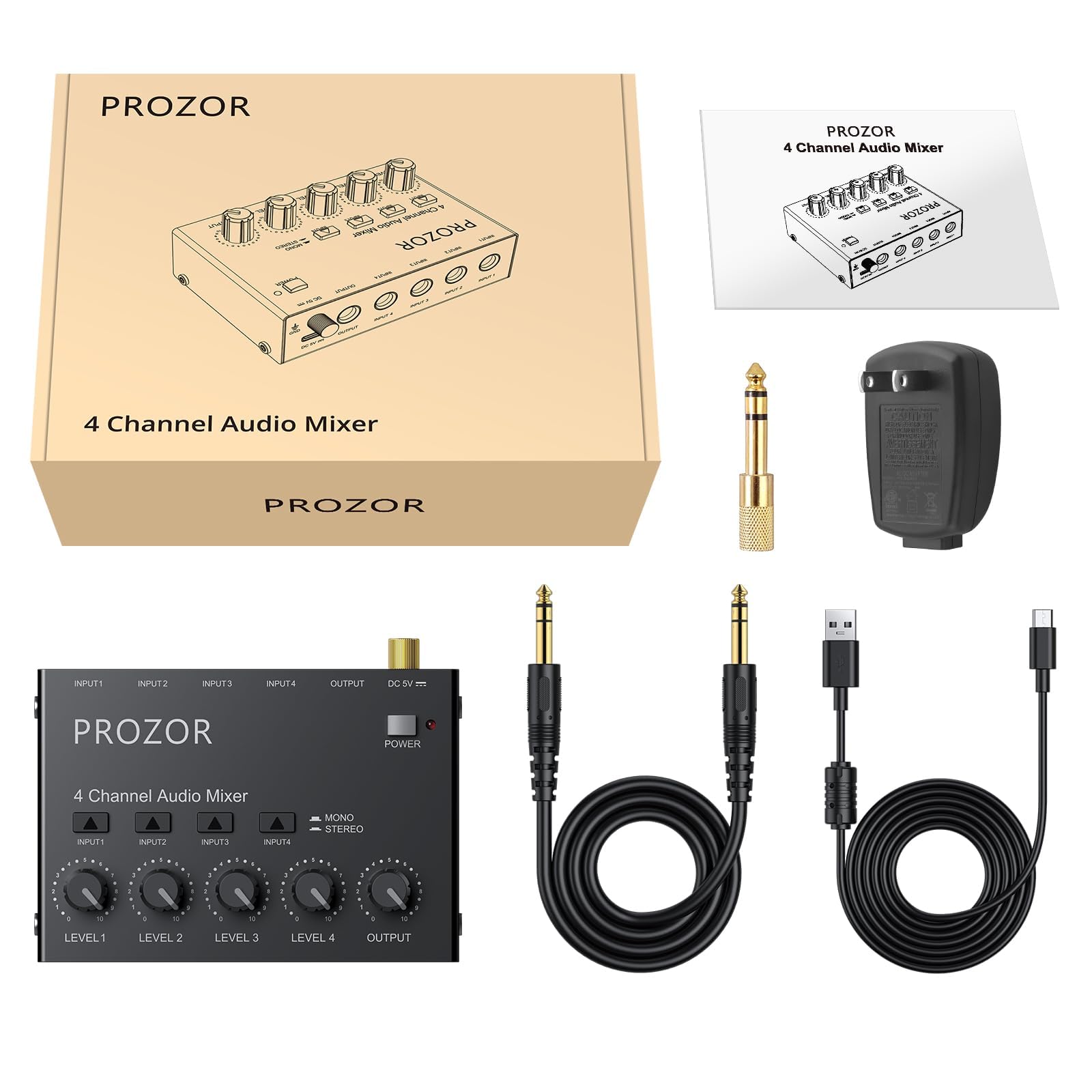 PROZOR Mélangeur Audio 4 Canaux 6.35mm Contrôle Volume Indépendant + Switch Mono/Stéréo USB-C Interrupteur Marche/Arrêt Boîtier Métallique Ultra-Faible Bruit Pour Home Studio Guitare Clavier Micro