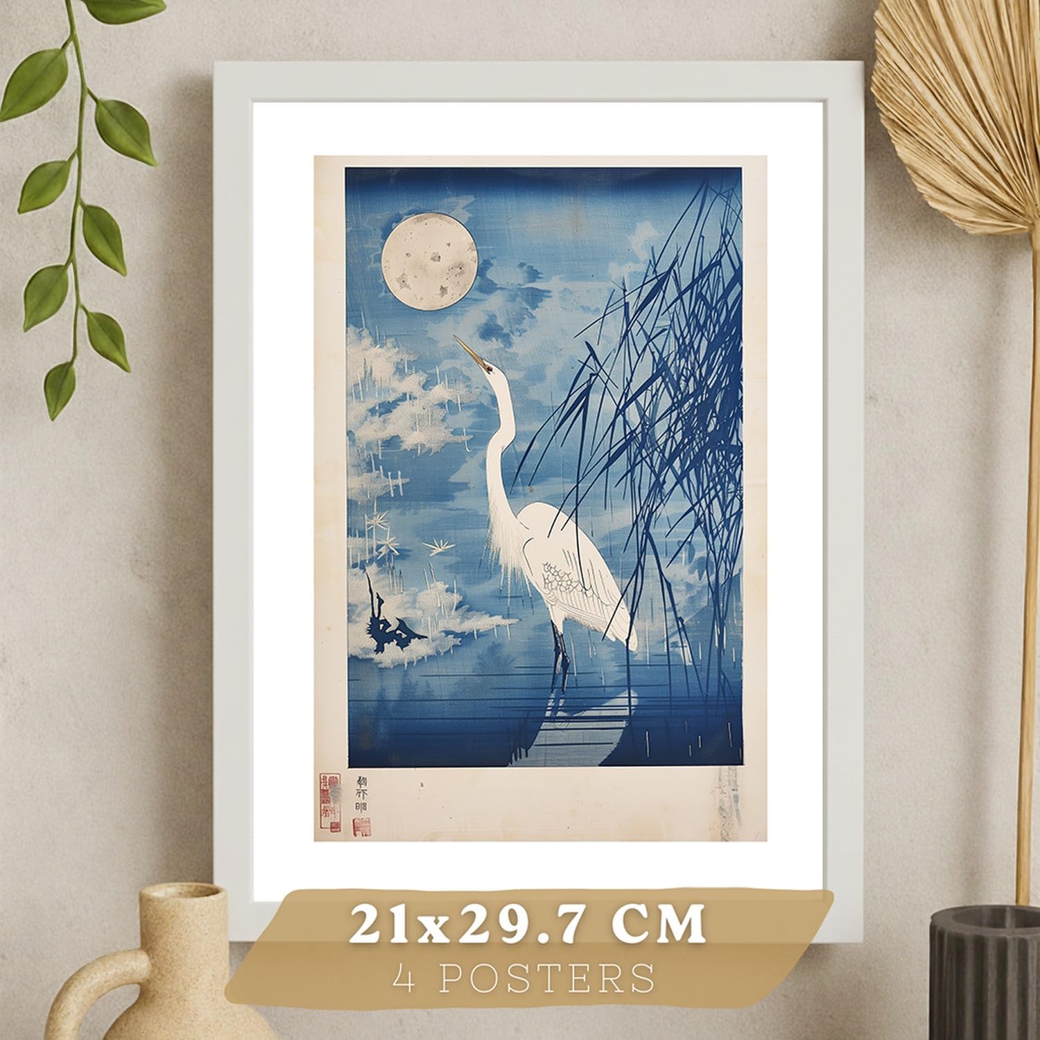 Nacnic Juego De 4 Laminas Decorativas Pared Estilo Japon. Cuadros Salon Modernos - Posters Decorativos Azules Orientales. Arte Japones. Decoración Dormitorios. A4 Marco Blanco