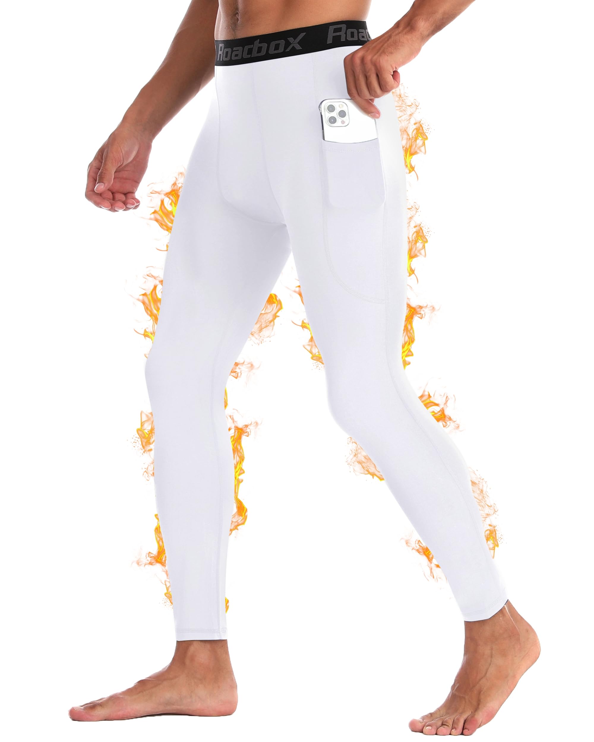 Roadbox Thermo Kompressionshose Herren mit Fleece, Lange Sportleggings Funktionsunterwäsche für Training Fitness mit Taschen